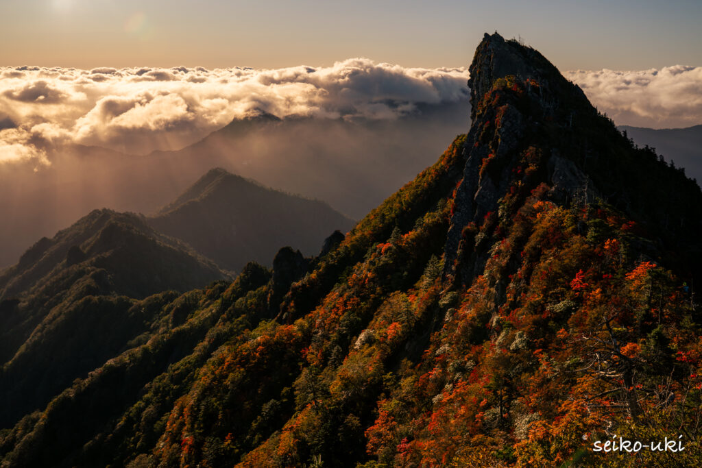 太陽を画面の外に置いて撮った朝の紅葉の天狗岳と雲海