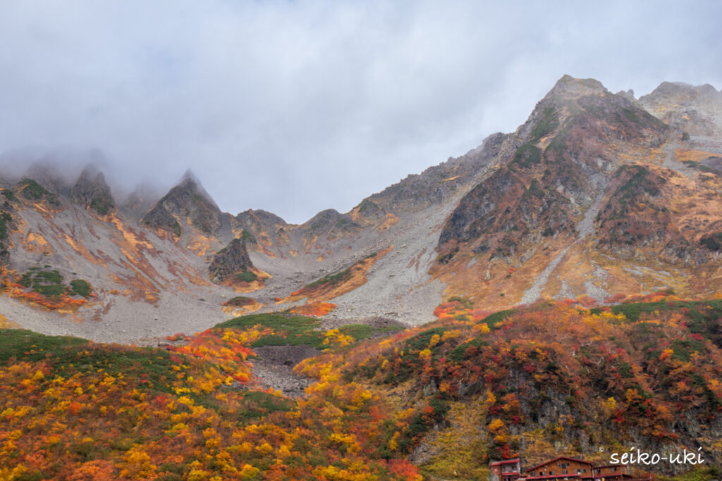 テント場から見上げた涸沢カールの紅葉の斜面と岩稜